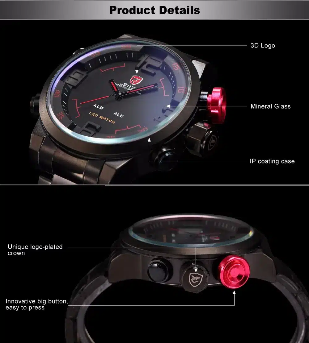 Gulper SHARK Sport Watch Digital LED Men's Top Brand Luxury Black Red Calendar Steel Band Wrist Quartz-Watch Reloj Hombre /SH105 8