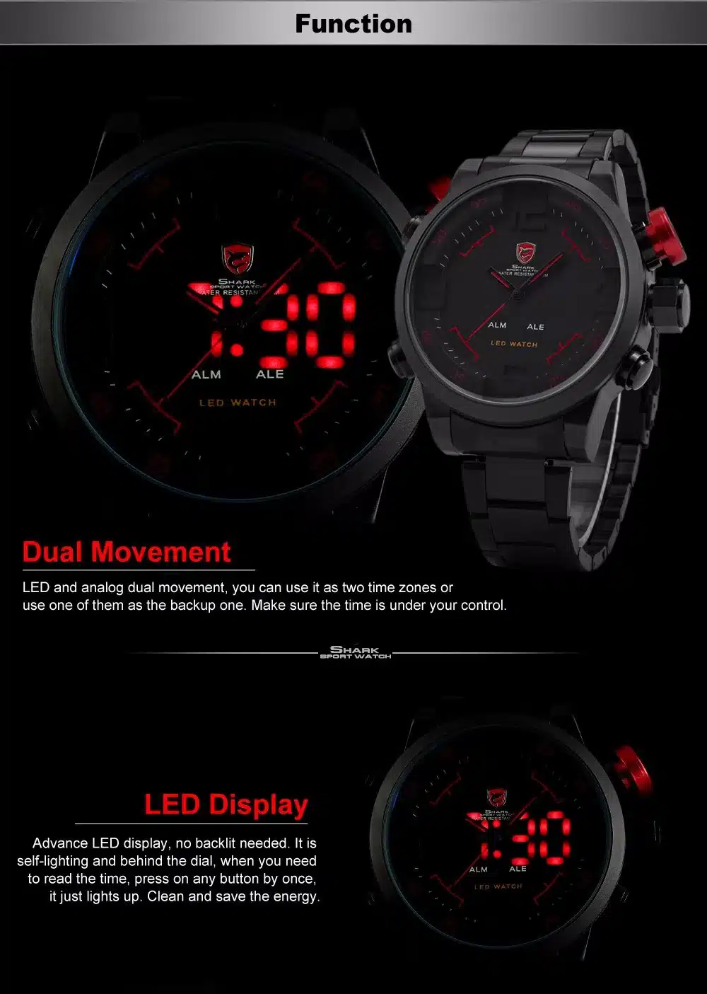 Gulper SHARK Sport Watch Digital LED Men's Top Brand Luxury Black Red Calendar Steel Band Wrist Quartz-Watch Reloj Hombre /SH105 10