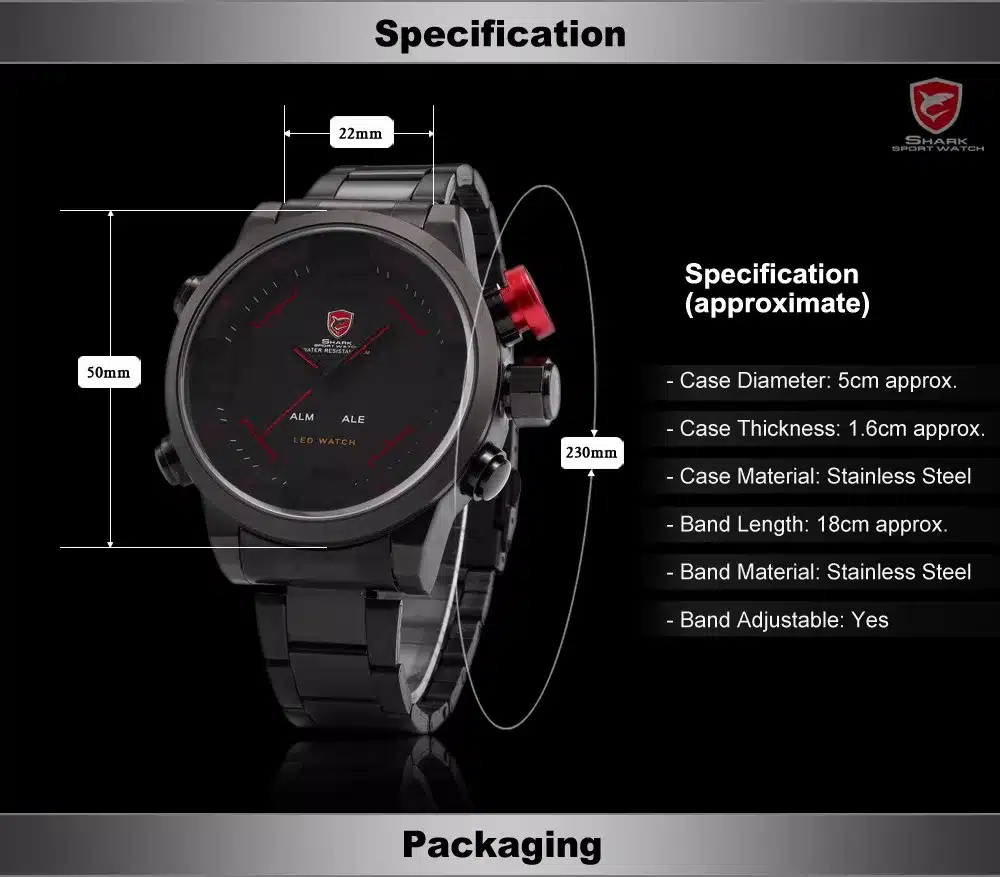 Gulper SHARK Sport Watch Digital LED Men's Top Brand Luxury Black Red Calendar Steel Band Wrist Quartz-Watch Reloj Hombre /SH105 13