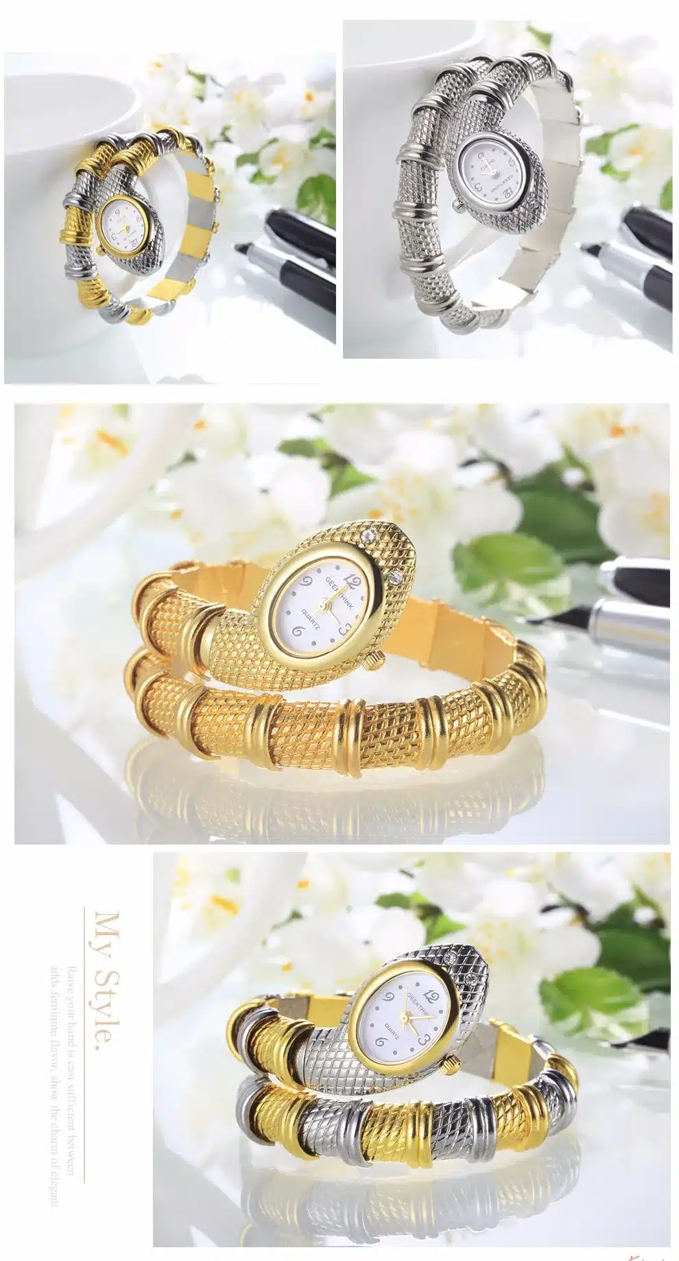 GEEKTHINK Unique Fashion Quartz Watch women Ladies Snake Shaped Bracelet Watch Bangle Diamond Ornaments Luxury Silver Gold 10