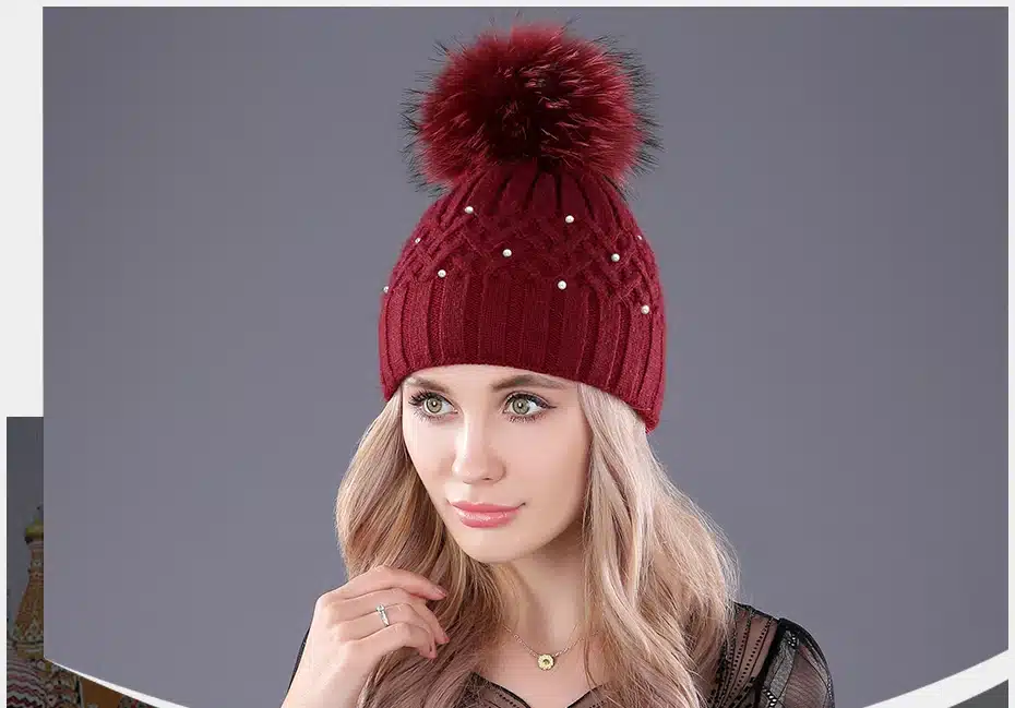 [boapt] Pearl Natural Raccoon Fur Women's Winter Hats Girls Knitted Wool Rabbit Caps Female Headgear Pompon Skullies Beanies 13