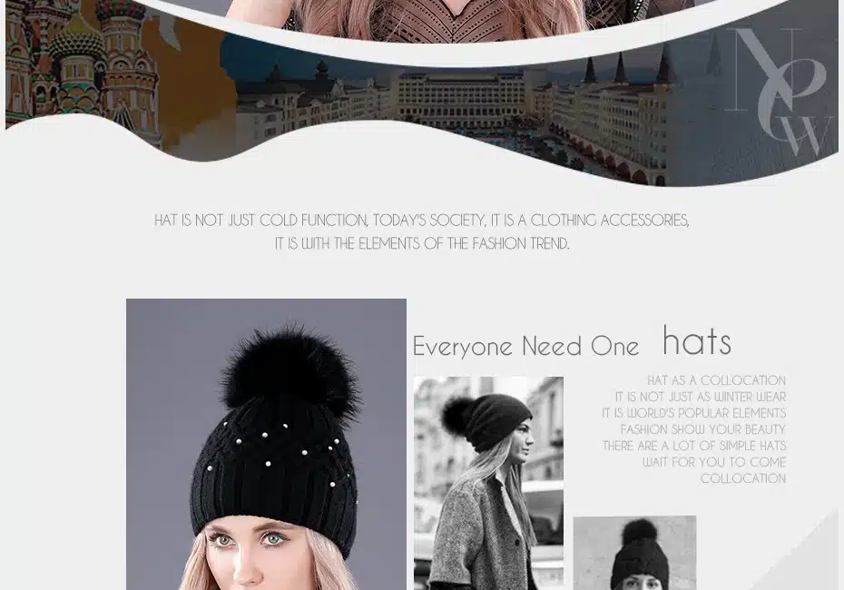 [boapt] Pearl Natural Raccoon Fur Women's Winter Hats Girls Knitted Wool Rabbit Caps Female Headgear Pompon Skullies Beanies 14