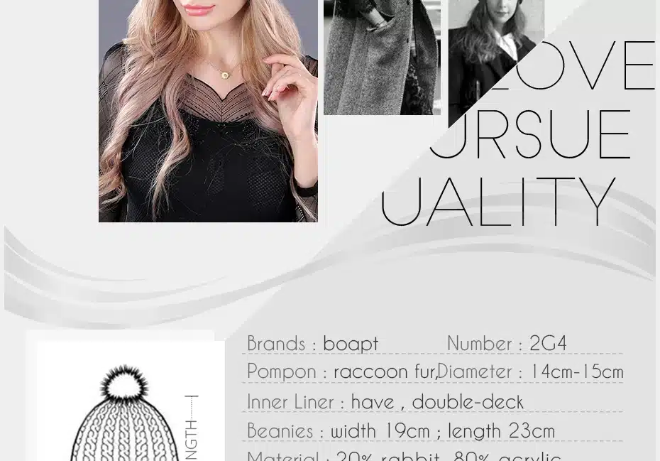 [boapt] Pearl Natural Raccoon Fur Women's Winter Hats Girls Knitted Wool Rabbit Caps Female Headgear Pompon Skullies Beanies 15