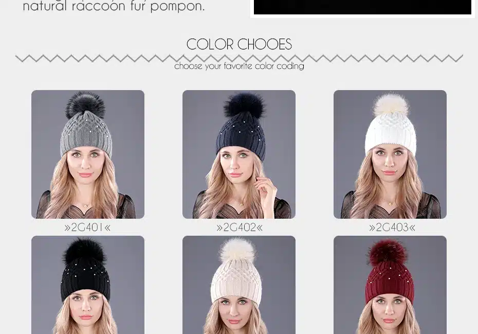 [boapt] Pearl Natural Raccoon Fur Women's Winter Hats Girls Knitted Wool Rabbit Caps Female Headgear Pompon Skullies Beanies 17