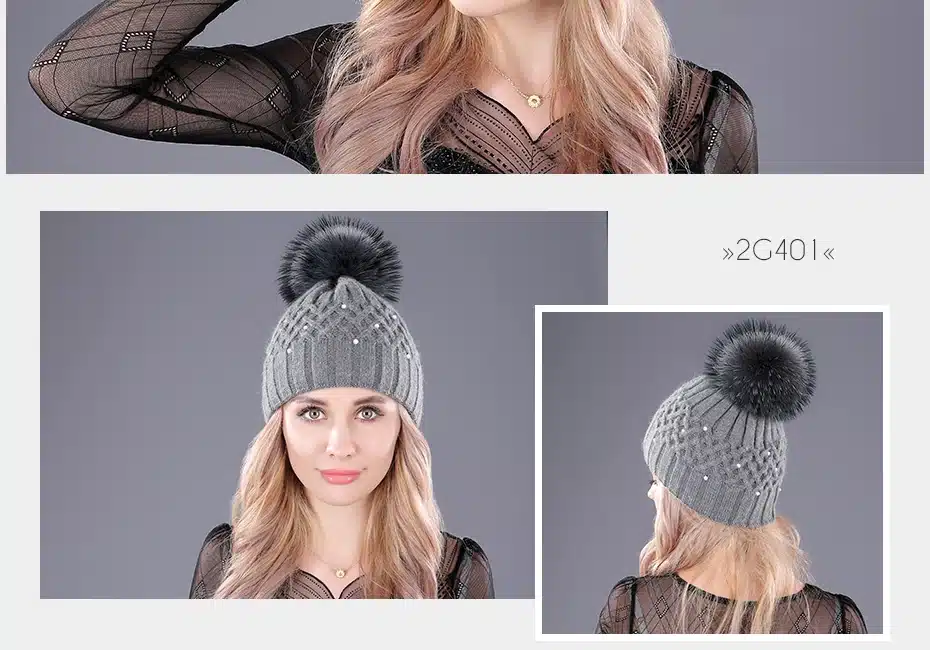 [boapt] Pearl Natural Raccoon Fur Women's Winter Hats Girls Knitted Wool Rabbit Caps Female Headgear Pompon Skullies Beanies 19