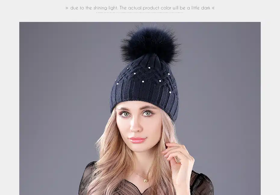 [boapt] Pearl Natural Raccoon Fur Women's Winter Hats Girls Knitted Wool Rabbit Caps Female Headgear Pompon Skullies Beanies 20