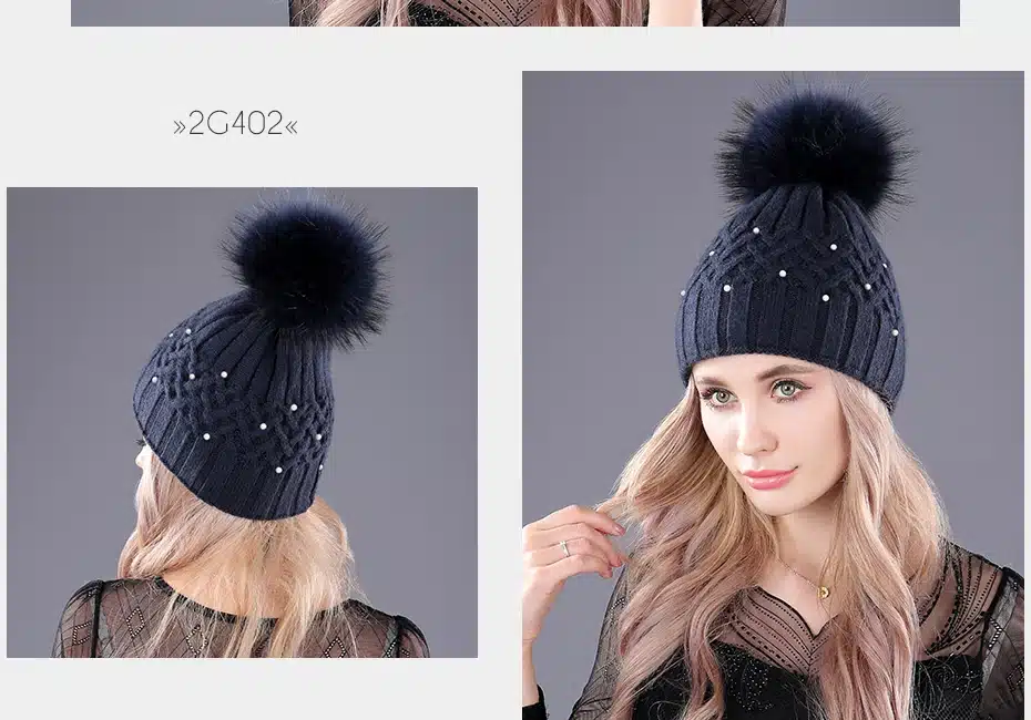 [boapt] Pearl Natural Raccoon Fur Women's Winter Hats Girls Knitted Wool Rabbit Caps Female Headgear Pompon Skullies Beanies 21