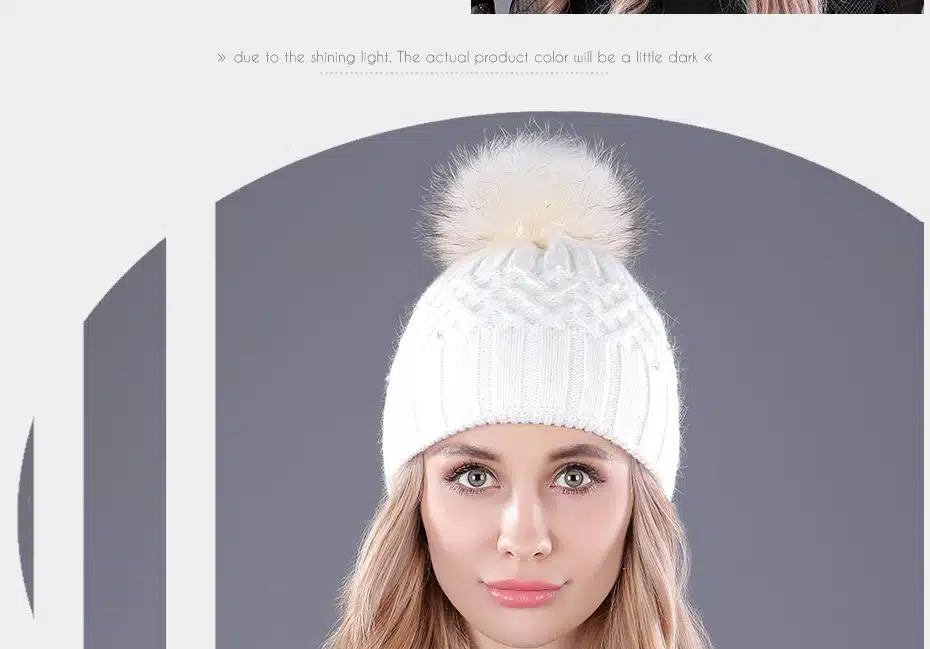 [boapt] Pearl Natural Raccoon Fur Women's Winter Hats Girls Knitted Wool Rabbit Caps Female Headgear Pompon Skullies Beanies 22