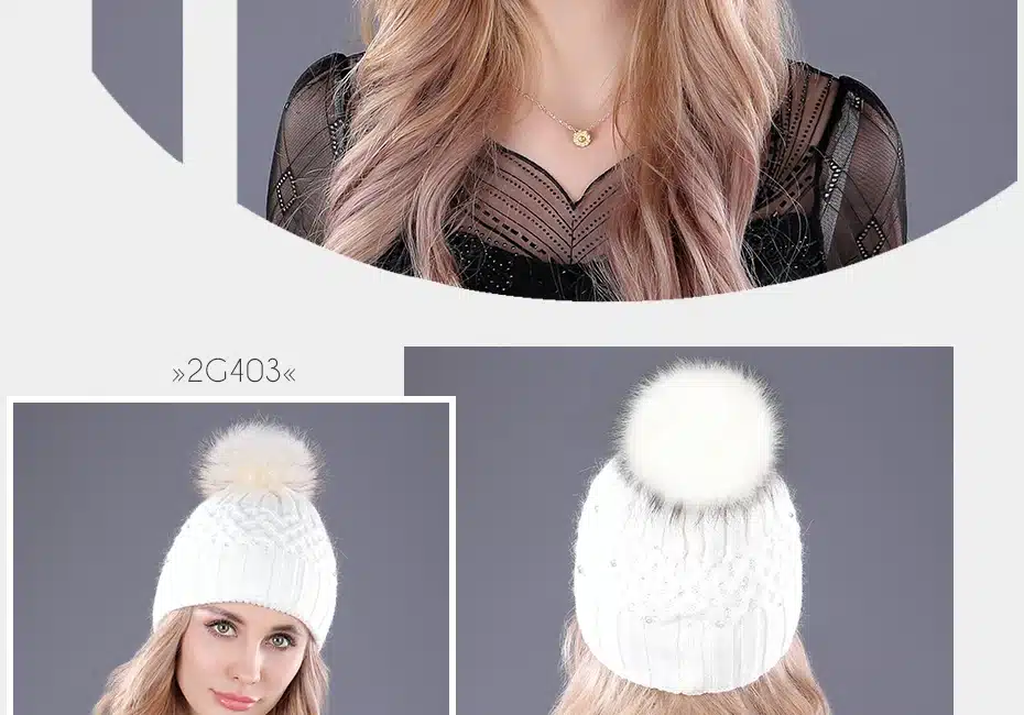 [boapt] Pearl Natural Raccoon Fur Women's Winter Hats Girls Knitted Wool Rabbit Caps Female Headgear Pompon Skullies Beanies 23