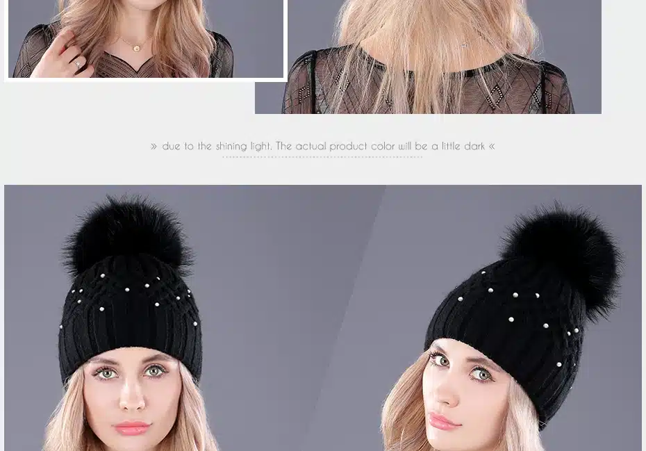 [boapt] Pearl Natural Raccoon Fur Women's Winter Hats Girls Knitted Wool Rabbit Caps Female Headgear Pompon Skullies Beanies 24