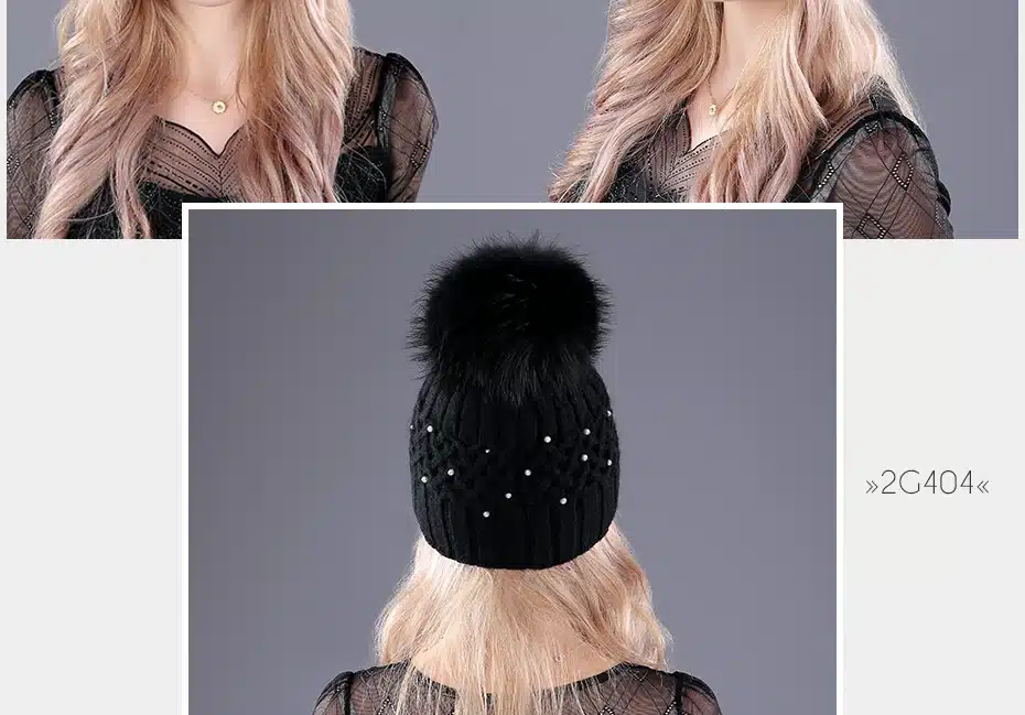 [boapt] Pearl Natural Raccoon Fur Women's Winter Hats Girls Knitted Wool Rabbit Caps Female Headgear Pompon Skullies Beanies 25