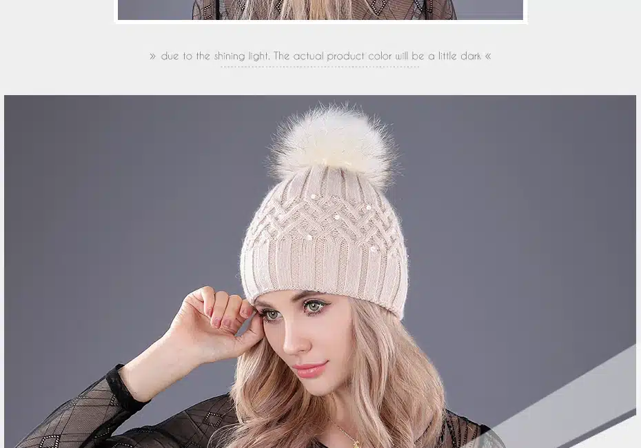 [boapt] Pearl Natural Raccoon Fur Women's Winter Hats Girls Knitted Wool Rabbit Caps Female Headgear Pompon Skullies Beanies 26