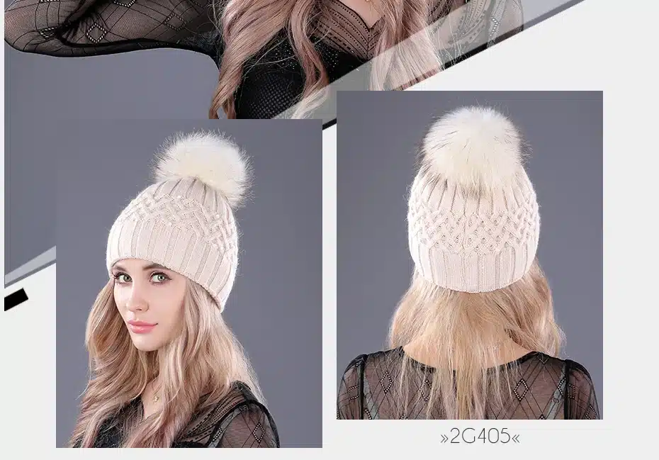 [boapt] Pearl Natural Raccoon Fur Women's Winter Hats Girls Knitted Wool Rabbit Caps Female Headgear Pompon Skullies Beanies 27