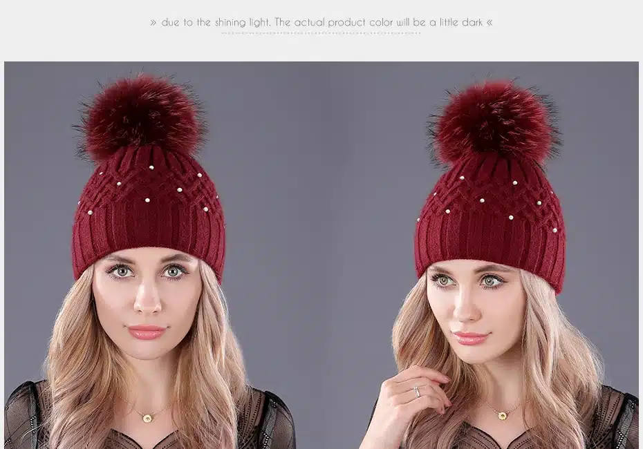 [boapt] Pearl Natural Raccoon Fur Women's Winter Hats Girls Knitted Wool Rabbit Caps Female Headgear Pompon Skullies Beanies 28
