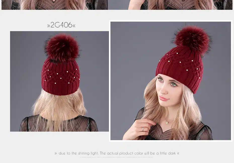 [boapt] Pearl Natural Raccoon Fur Women's Winter Hats Girls Knitted Wool Rabbit Caps Female Headgear Pompon Skullies Beanies 29