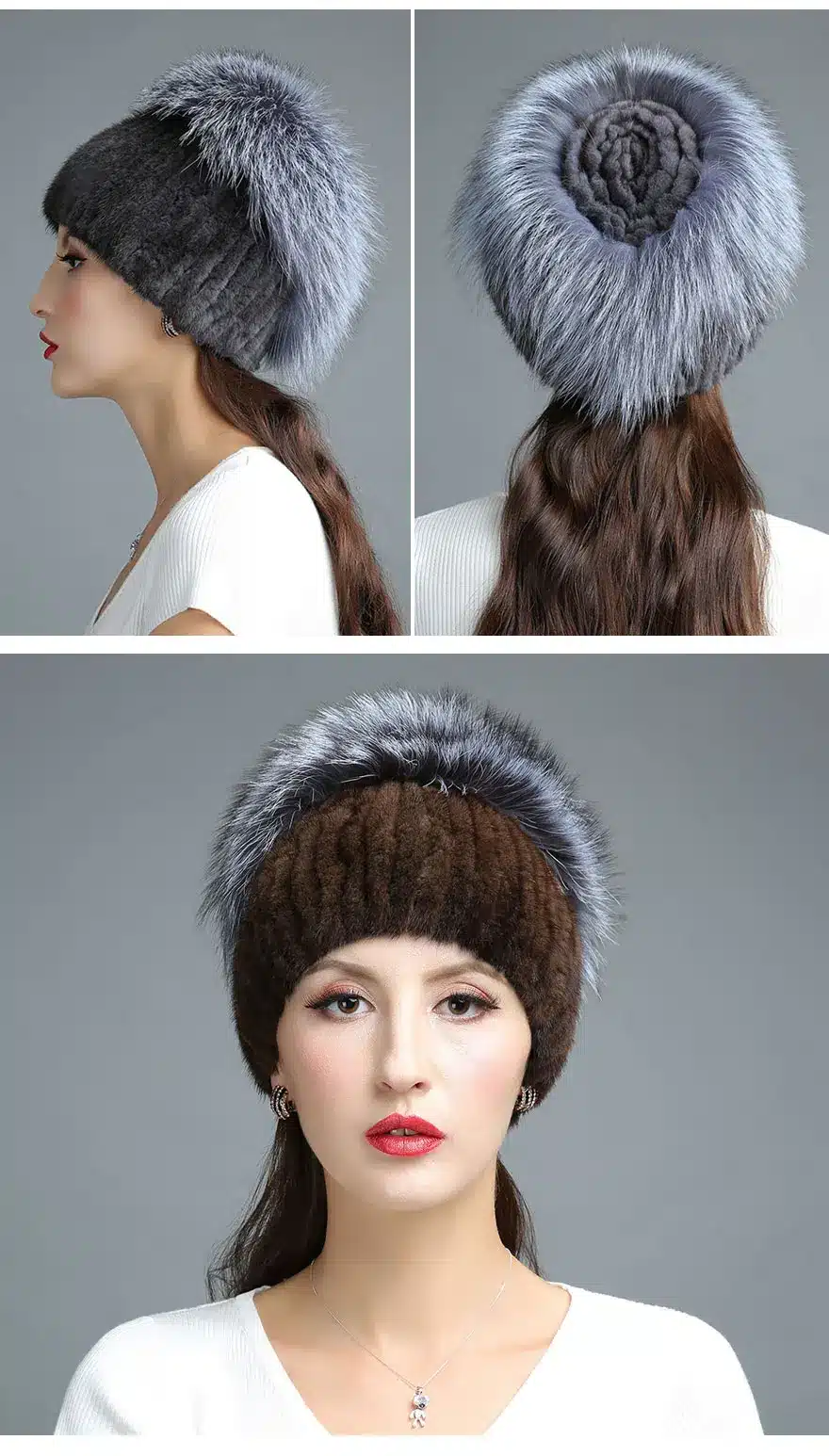 2017 New Fur Hat For Winter Women Genuine Mink Fur Hat With Silver Fox Fur Knitted Beanies Fashion Women Fur Caps 3