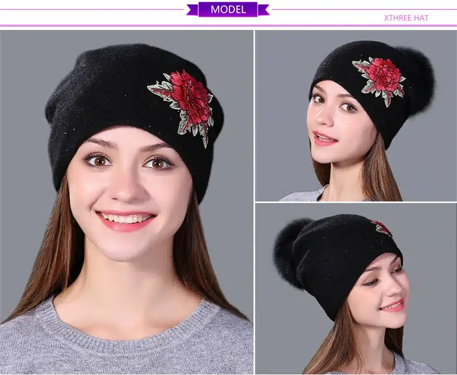 Xthree Female winter hat fashion embroidery knitted beanie hat for women real fox fur pom pom wool hat Skullie hat girls gorro 13