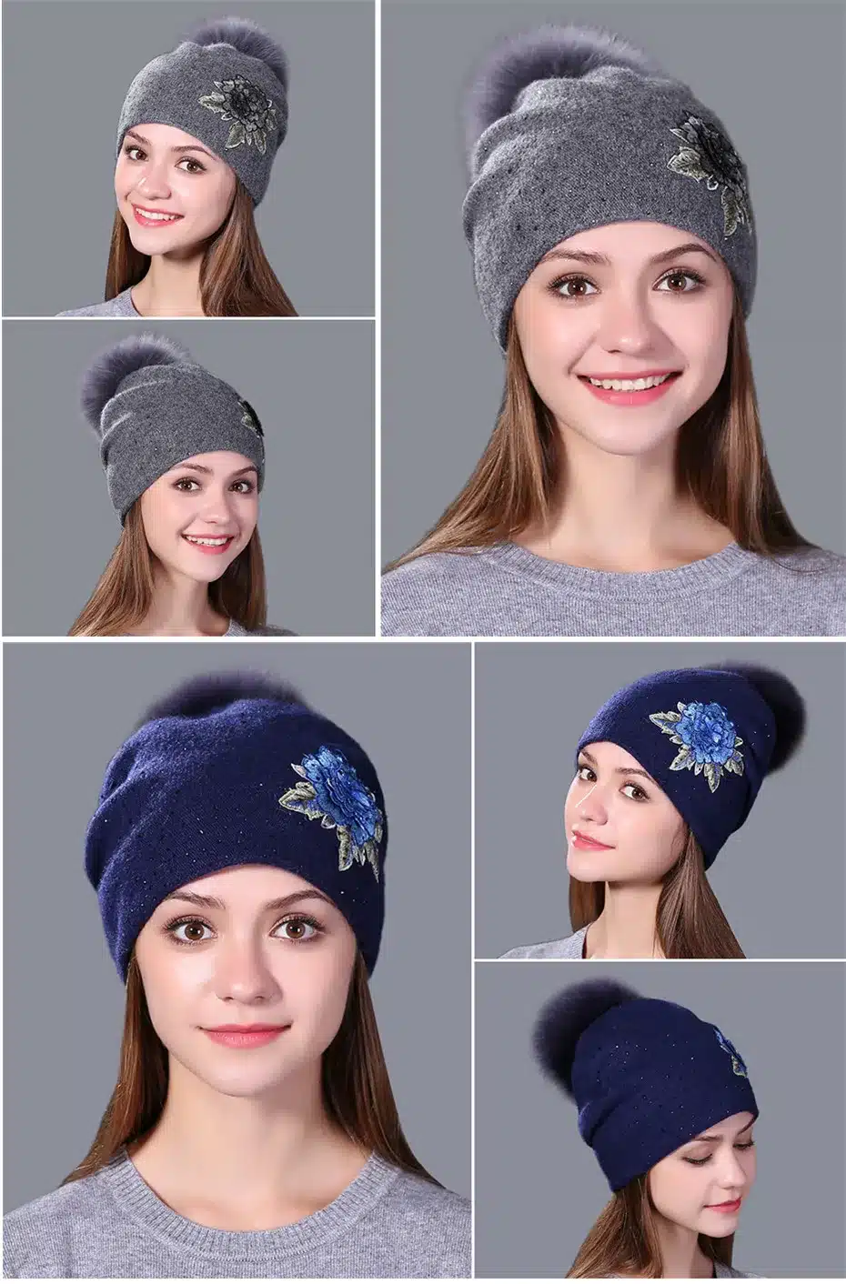 Xthree Female winter hat fashion embroidery knitted beanie hat for women real fox fur pom pom wool hat Skullie hat girls gorro 14