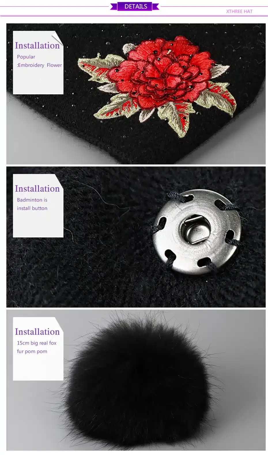 Xthree Female winter hat fashion embroidery knitted beanie hat for women real fox fur pom pom wool hat Skullie hat girls gorro 16