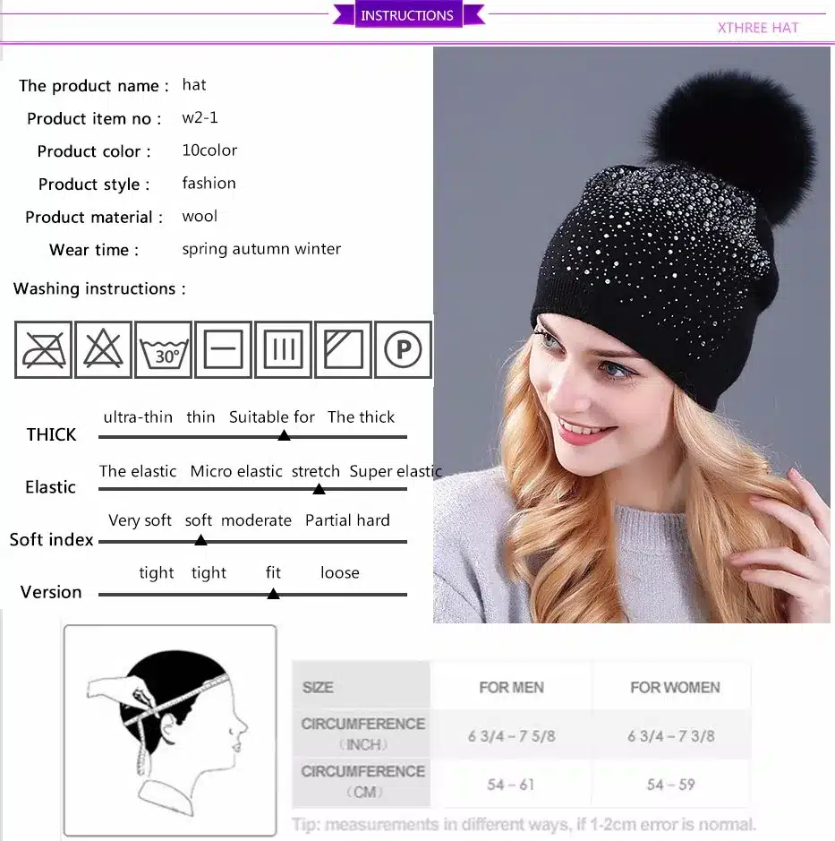 [Xthree] women winter beanie hat Rabbit fur wool knitted hat the female of the mink pom pom Shining Rhinestone hats for women 18
