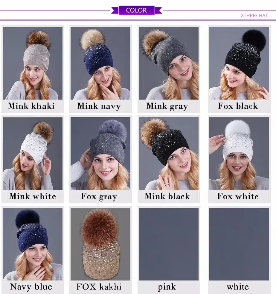 [Xthree] women winter beanie hat Rabbit fur wool knitted hat the female of the mink pom pom Shining Rhinestone hats for women 19