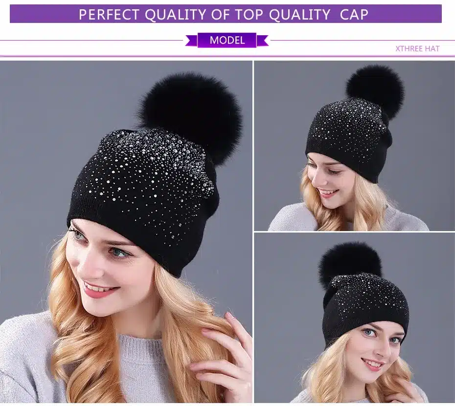 [Xthree] women winter beanie hat Rabbit fur wool knitted hat the female of the mink pom pom Shining Rhinestone hats for women 20