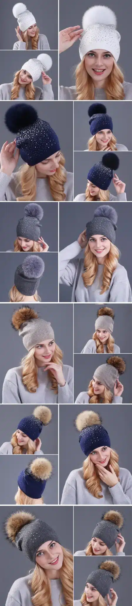 [Xthree] women winter beanie hat Rabbit fur wool knitted hat the female of the mink pom pom Shining Rhinestone hats for women 21