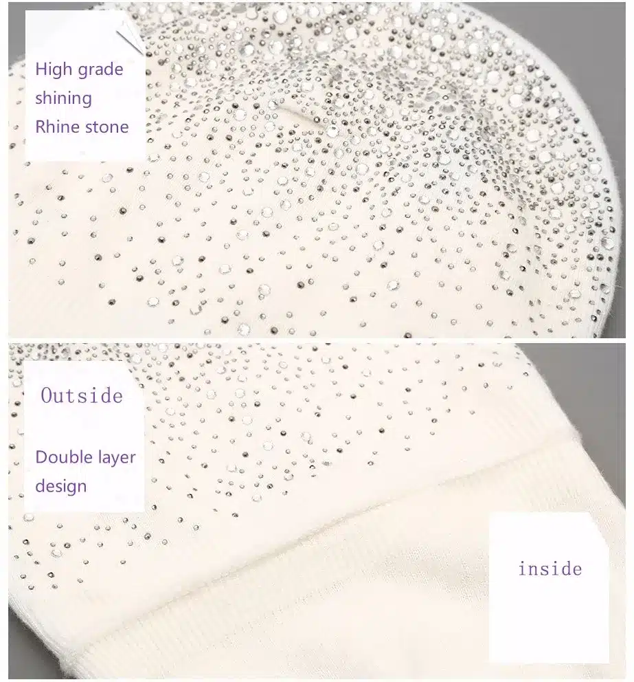 [Xthree] women winter beanie hat Rabbit fur wool knitted hat the female of the mink pom pom Shining Rhinestone hats for women 23