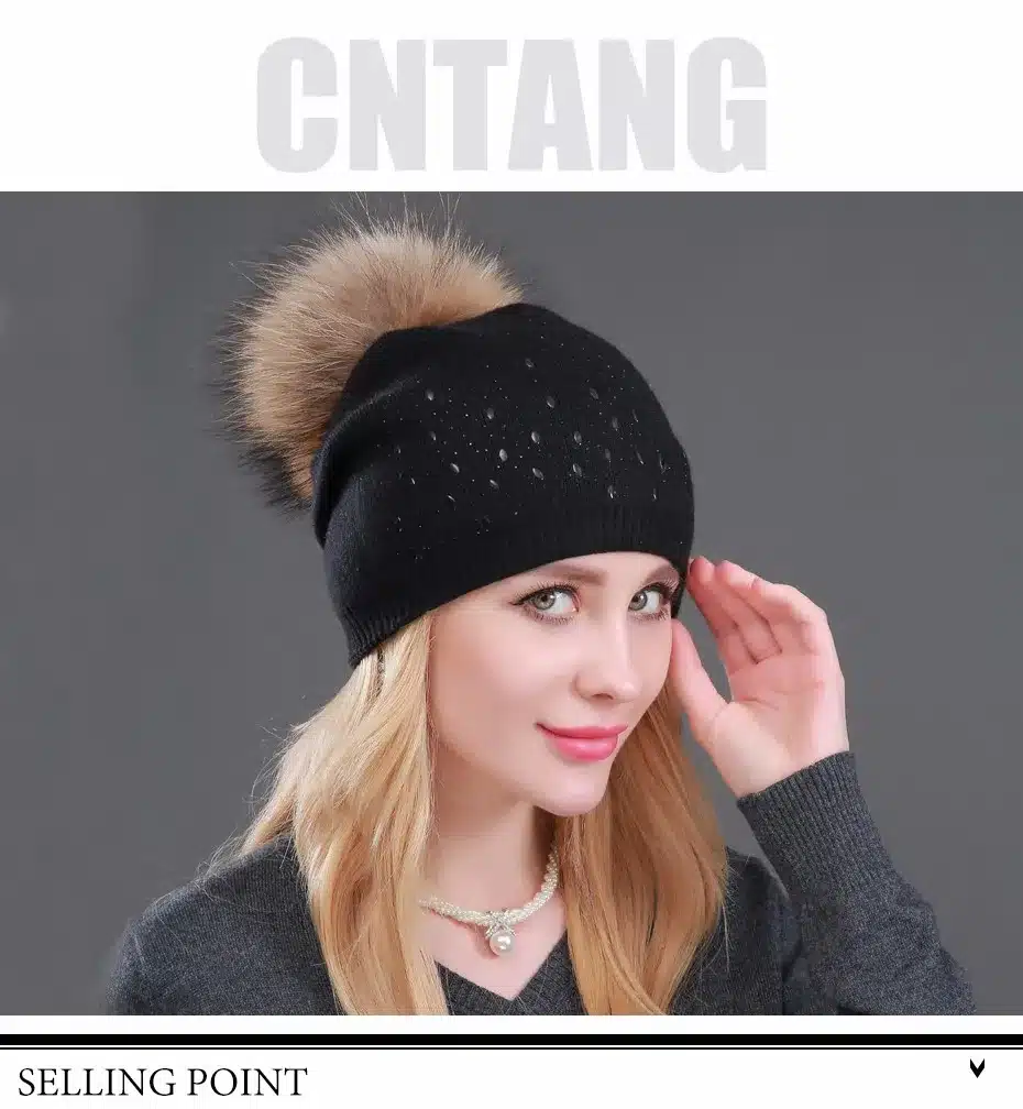 Winter Wool Women Beanies Rivets Decoration Pompon Fur Hats Fashion Natural Raccoon Fur Caps Female Warm Cashmere Knitted Hat 10
