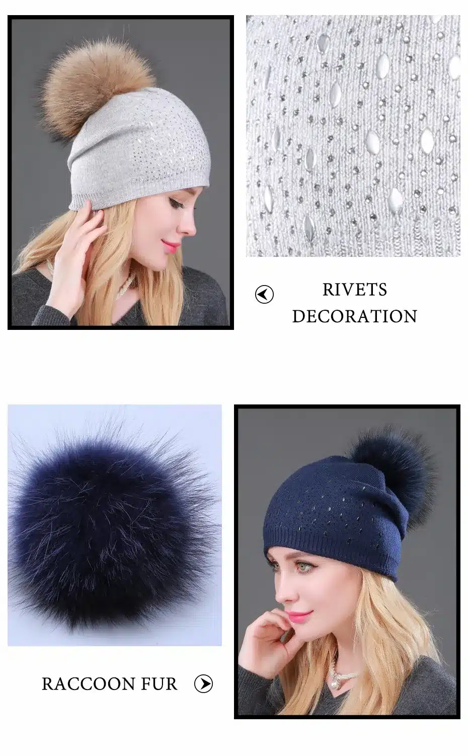 Winter Wool Women Beanies Rivets Decoration Pompon Fur Hats Fashion Natural Raccoon Fur Caps Female Warm Cashmere Knitted Hat 11