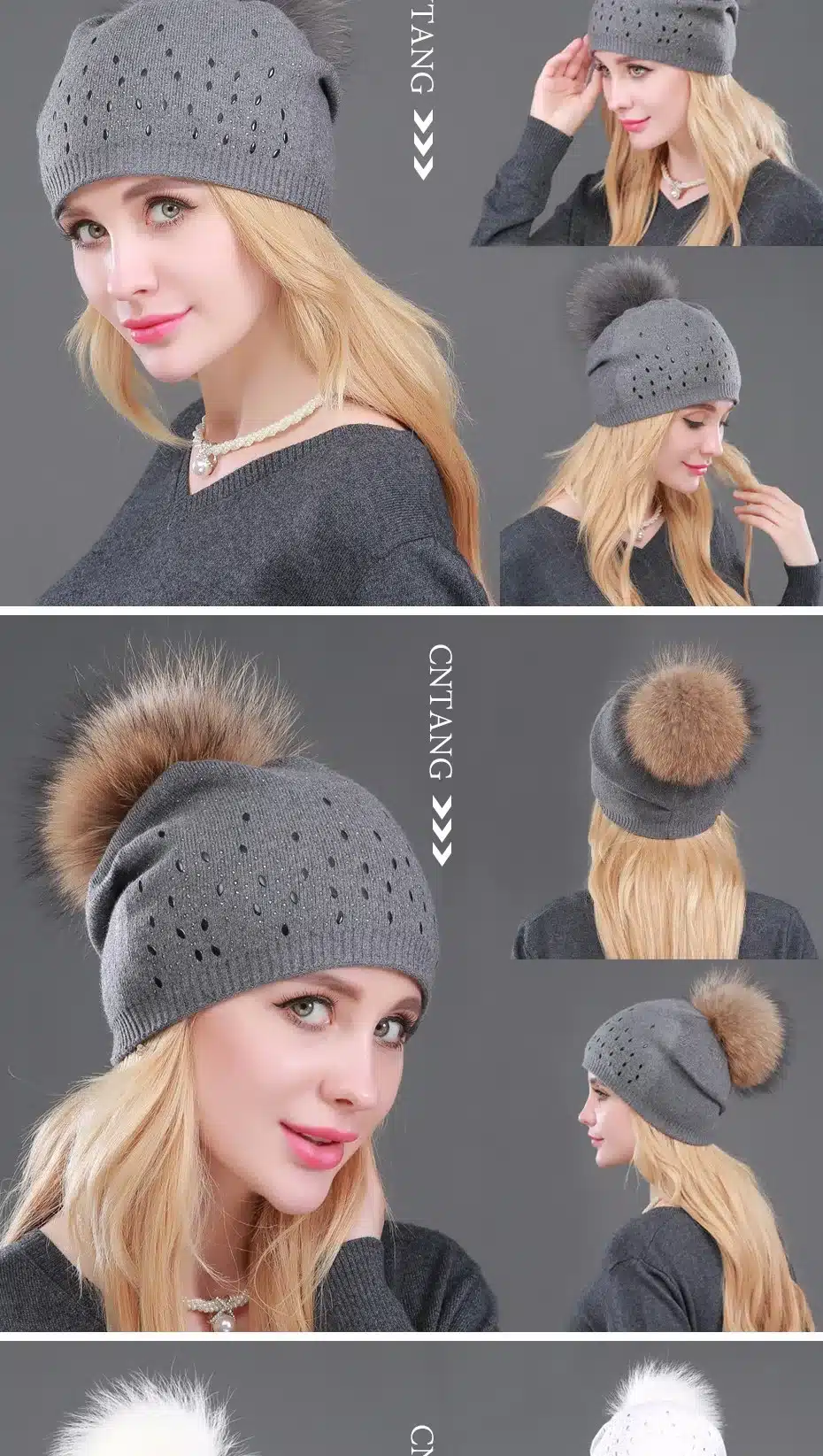 Winter Wool Women Beanies Rivets Decoration Pompon Fur Hats Fashion Natural Raccoon Fur Caps Female Warm Cashmere Knitted Hat 15