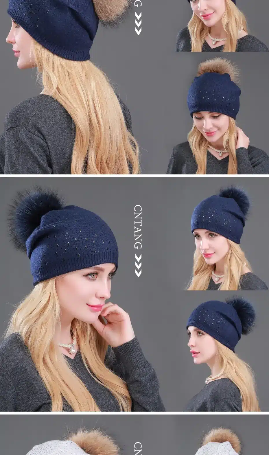 Winter Wool Women Beanies Rivets Decoration Pompon Fur Hats Fashion Natural Raccoon Fur Caps Female Warm Cashmere Knitted Hat 17