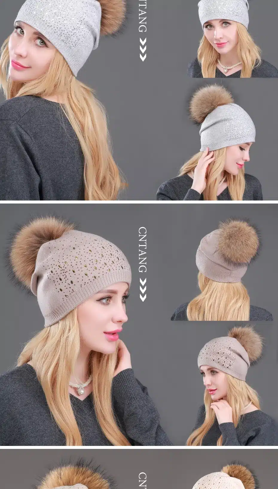 Winter Wool Women Beanies Rivets Decoration Pompon Fur Hats Fashion Natural Raccoon Fur Caps Female Warm Cashmere Knitted Hat 18