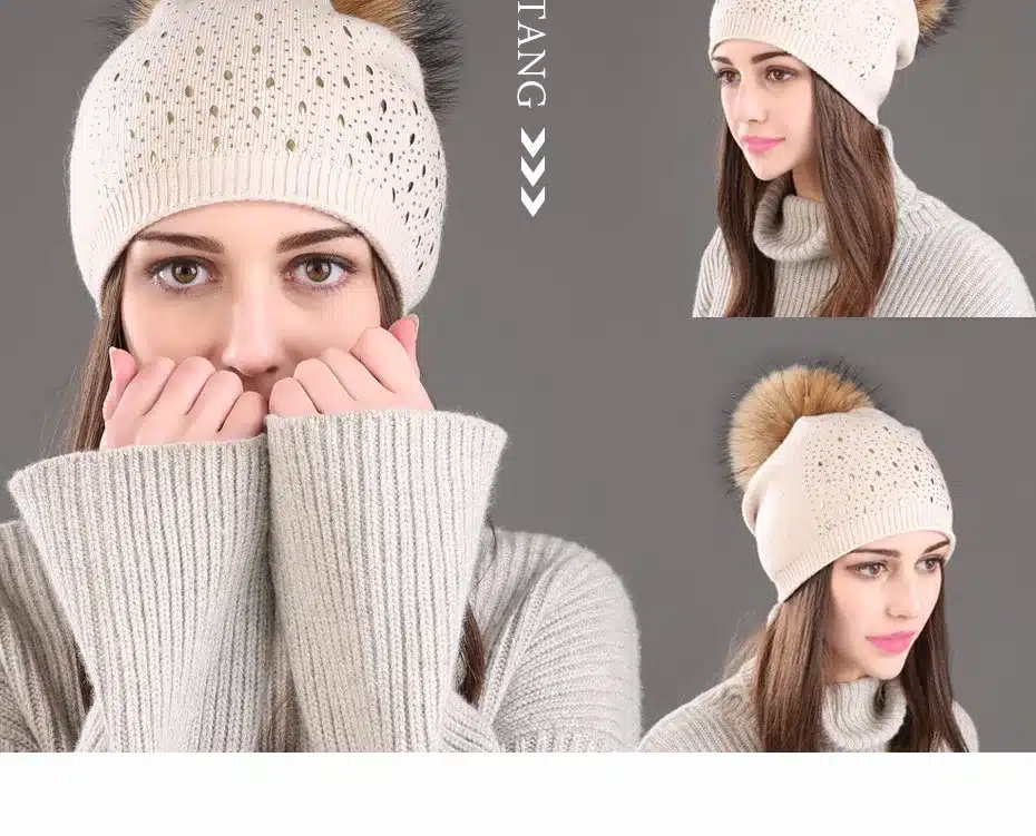 Winter Wool Women Beanies Rivets Decoration Pompon Fur Hats Fashion Natural Raccoon Fur Caps Female Warm Cashmere Knitted Hat 19