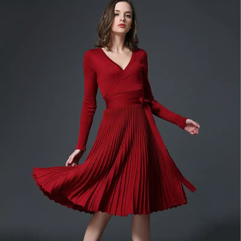 2017 Autumn New Sexy Long-sleeved V-neck Dress Women Knee-Length Elegant Bow Waist Fold Pleated Knit Office Dress Party Vestido 10