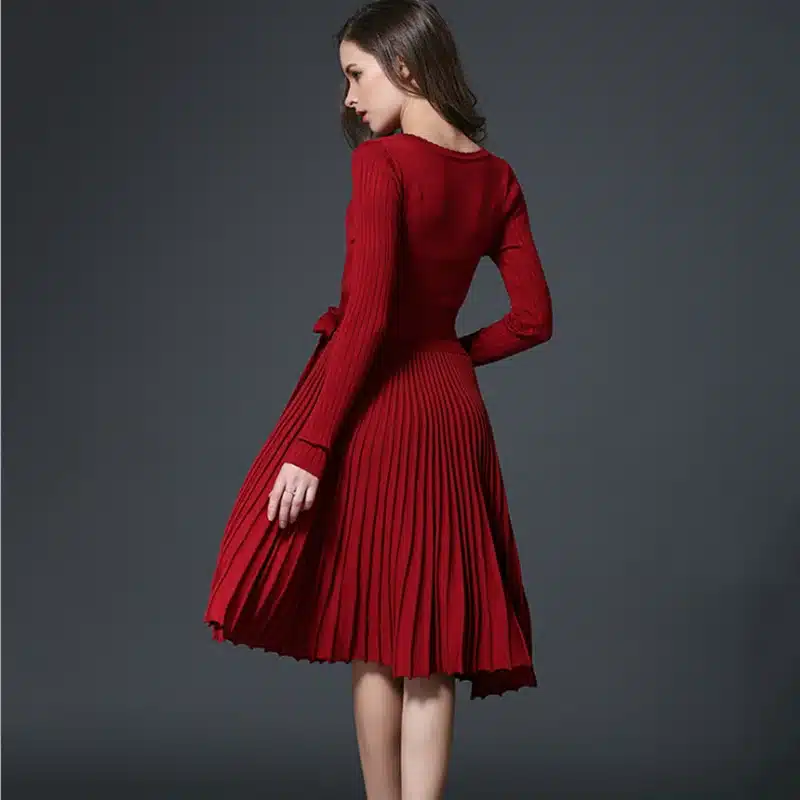 2017 Autumn New Sexy Long-sleeved V-neck Dress Women Knee-Length Elegant Bow Waist Fold Pleated Knit Office Dress Party Vestido 11