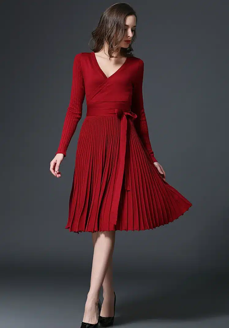 2017 Autumn New Sexy Long-sleeved V-neck Dress Women Knee-Length Elegant Bow Waist Fold Pleated Knit Office Dress Party Vestido 12