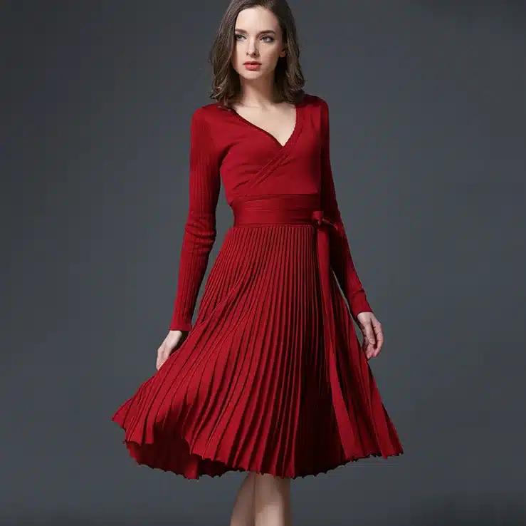 2017 Autumn New Sexy Long-sleeved V-neck Dress Women Knee-Length Elegant Bow Waist Fold Pleated Knit Office Dress Party Vestido 13