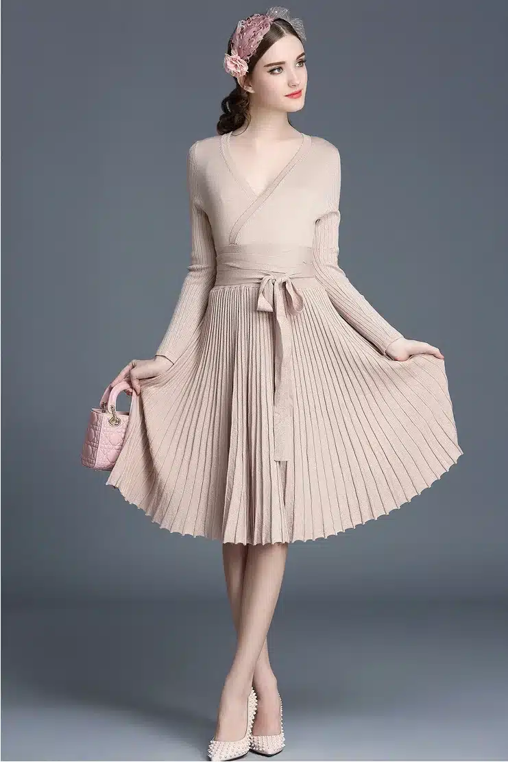 2017 Autumn New Sexy Long-sleeved V-neck Dress Women Knee-Length Elegant Bow Waist Fold Pleated Knit Office Dress Party Vestido 14
