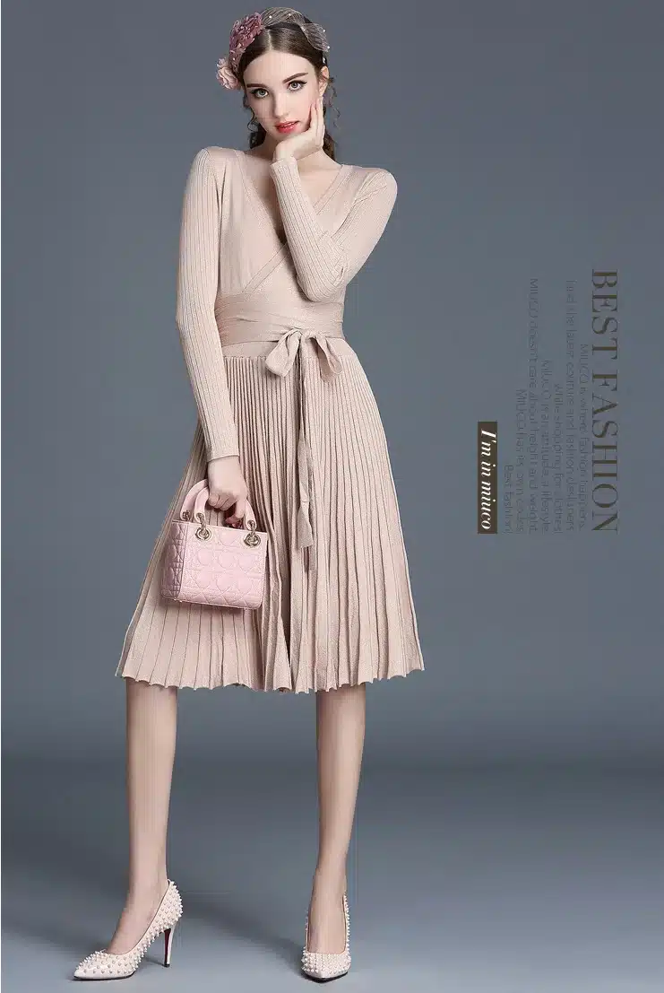 2017 Autumn New Sexy Long-sleeved V-neck Dress Women Knee-Length Elegant Bow Waist Fold Pleated Knit Office Dress Party Vestido 15
