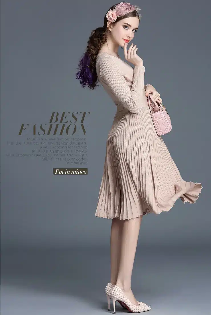 2017 Autumn New Sexy Long-sleeved V-neck Dress Women Knee-Length Elegant Bow Waist Fold Pleated Knit Office Dress Party Vestido 16