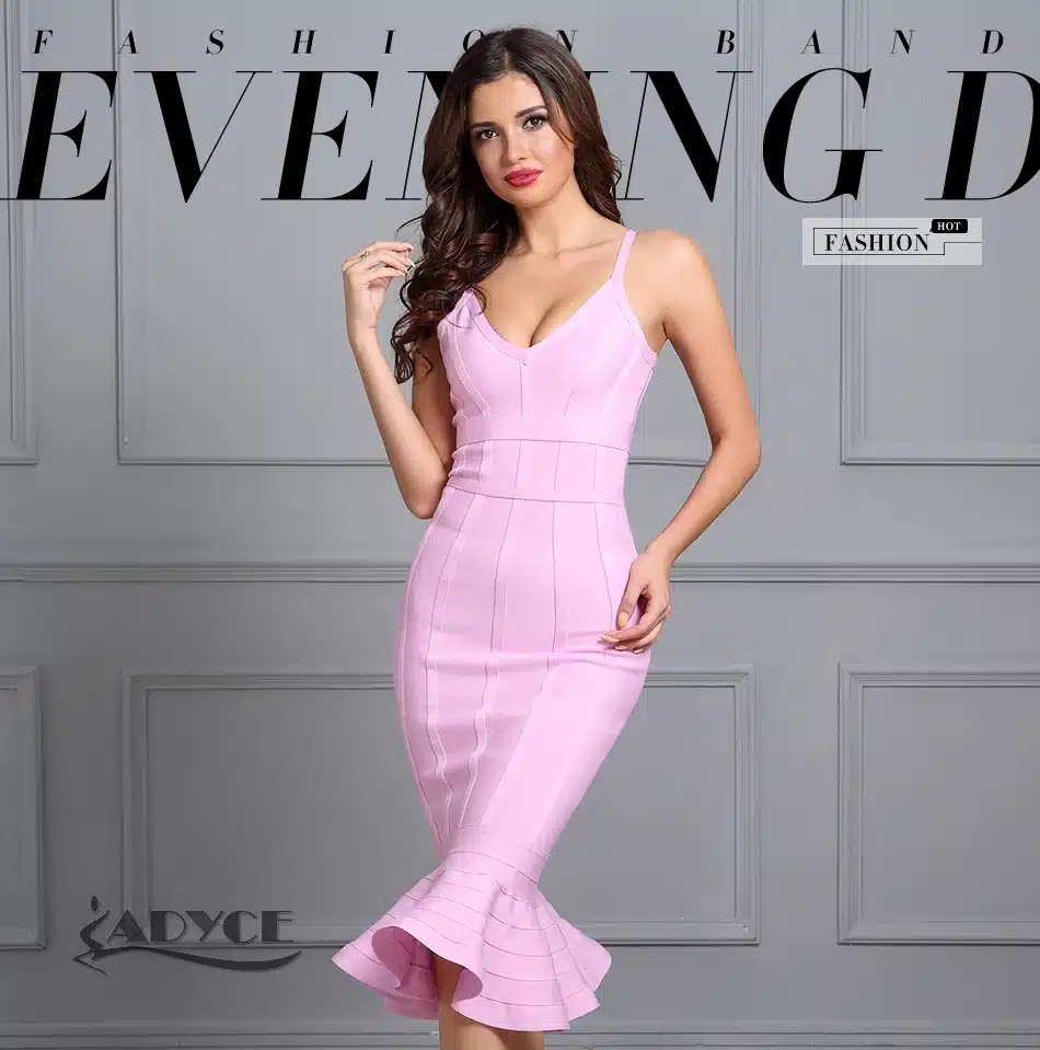 Adyce 2017 Women Summer Bandage Dress Pink Spaghetti Strap Mermaid Vestidos V-Neck Knee Length Celebrity Evening Party Dresses 12