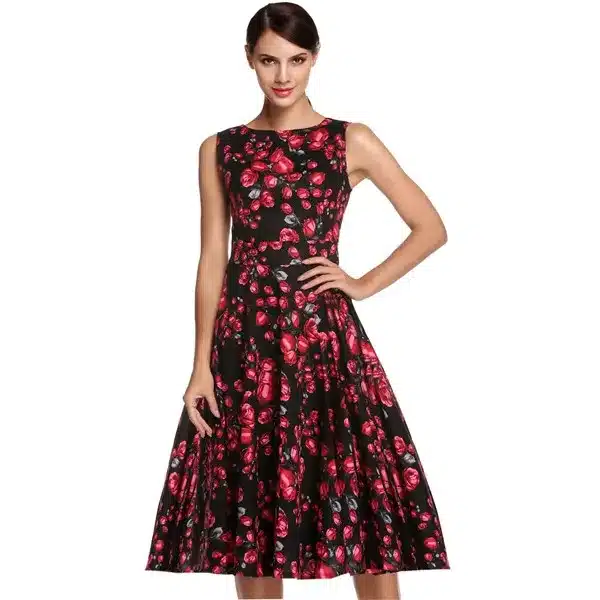 ACEVOG Women Dress Retro Vintage 1950s 60s Rockabilly Floral Swing Summer Dresses Elegant Bow-knot Tunic Vestidos Robe Oversize 46