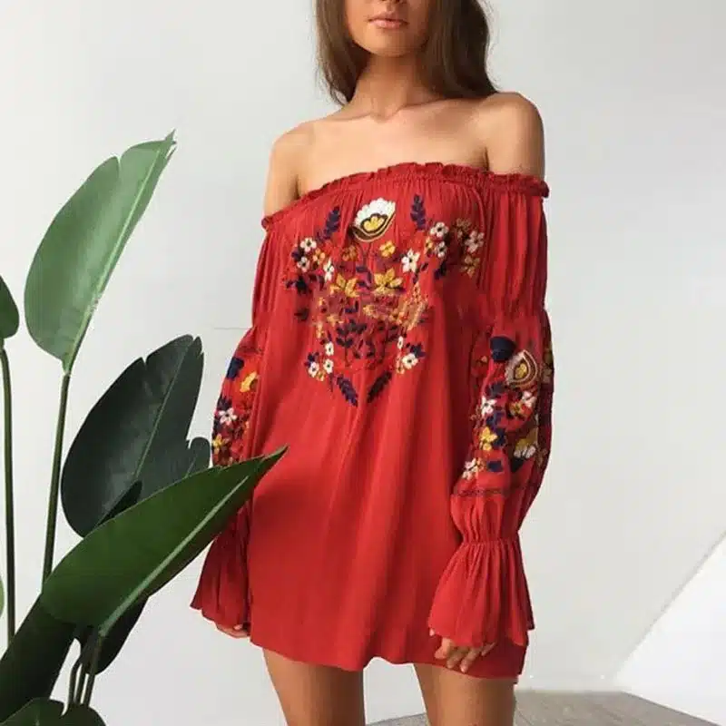 Women Beach Sexy Slash Neck Off Shoulder Embroidery Flower Floral Casual Dress Long Sleeve Cotton Yellow Short Mini Dress 8