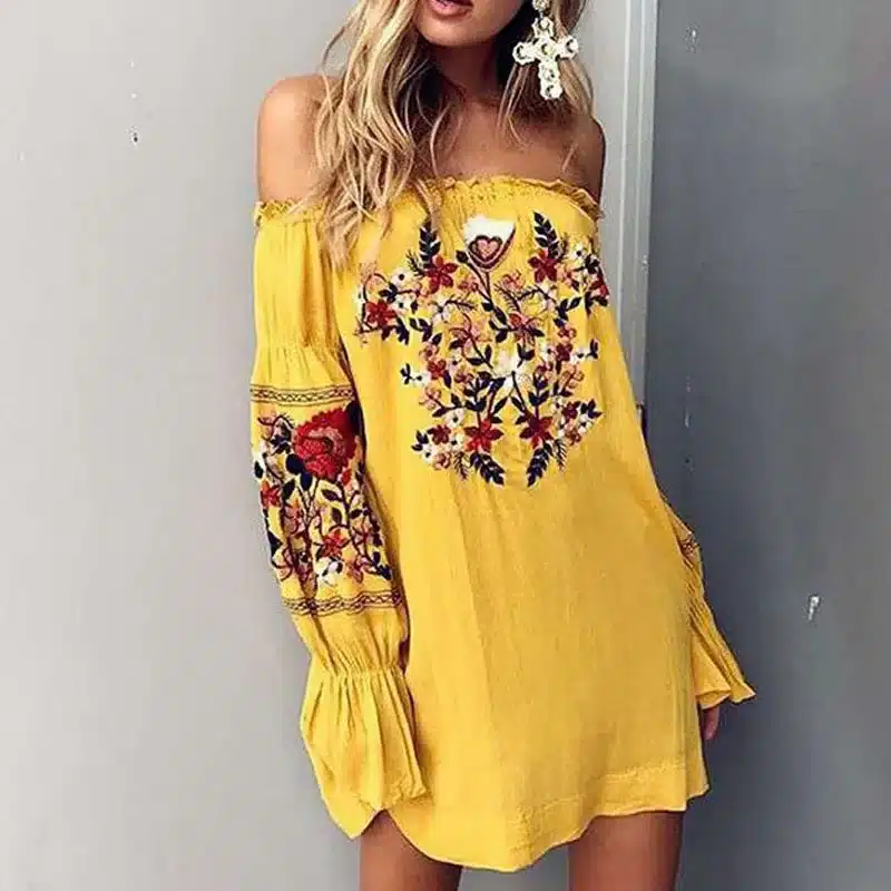 Women Beach Sexy Slash Neck Off Shoulder Embroidery Flower Floral Casual Dress Long Sleeve Cotton Yellow Short Mini Dress 10