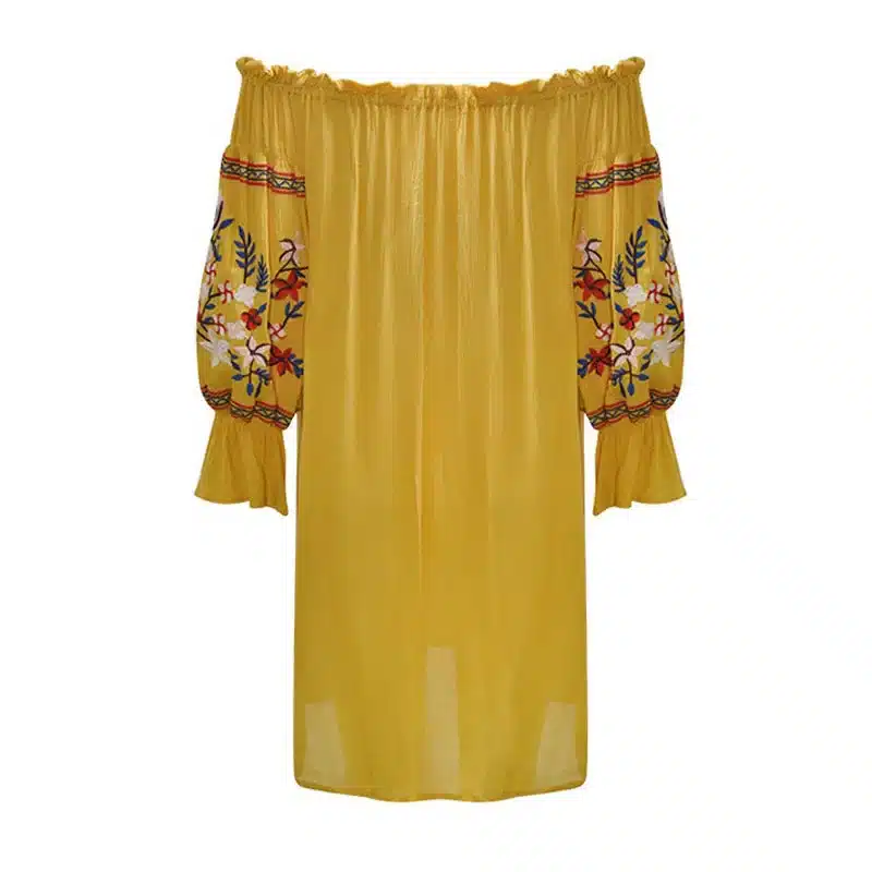 Women Beach Sexy Slash Neck Off Shoulder Embroidery Flower Floral Casual Dress Long Sleeve Cotton Yellow Short Mini Dress 13