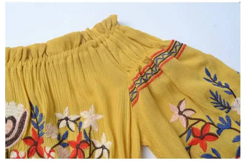 Women Beach Sexy Slash Neck Off Shoulder Embroidery Flower Floral Casual Dress Long Sleeve Cotton Yellow Short Mini Dress 14