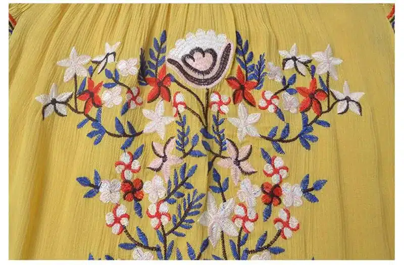 Women Beach Sexy Slash Neck Off Shoulder Embroidery Flower Floral Casual Dress Long Sleeve Cotton Yellow Short Mini Dress 15