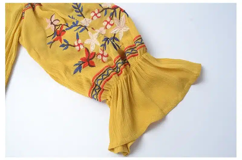 Women Beach Sexy Slash Neck Off Shoulder Embroidery Flower Floral Casual Dress Long Sleeve Cotton Yellow Short Mini Dress 16