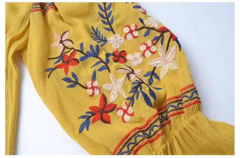 Women Beach Sexy Slash Neck Off Shoulder Embroidery Flower Floral Casual Dress Long Sleeve Cotton Yellow Short Mini Dress 17